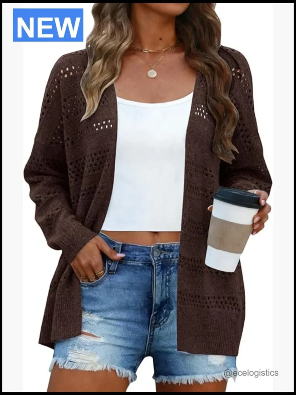 Lightweight Crochet Cardigan Long Sleeve Open Front Kimono